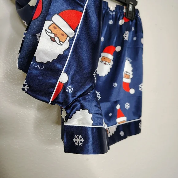 NWOT Ekouaer Navy Blue Santa Claus Print Satin Pajama Set Blouse & Shorts Sz S - Picture 14 of 15